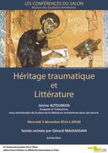 3 décembre 2014 – Les conférences du Salon à la Maison des étudiants arméniens – Héritage traumatique et Littérature avec Janine Altounian