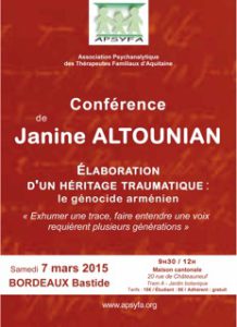 7 mars 2015 – Bordeaux – Conférence de Janine Altounian : « Elaboration d’un héritage traumatique : le génocide arménien »