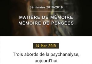Séminaire Schibboleth – Actualité de Freud : Matière de mémoire/Mémoire de pensées : Trois abords de la psychanalyse, aujourd’hui, sous la direction de Michel Gad Wolkowicz – 14 mars 2019 – Institut Supérieur Européen de Gestion Paris