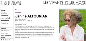 Rencontre Carte Blanche avec Janine Altounian aux Rendez-vous de l’Histoire de Blois du 4 au 8 octobre : Les vivants et les morts